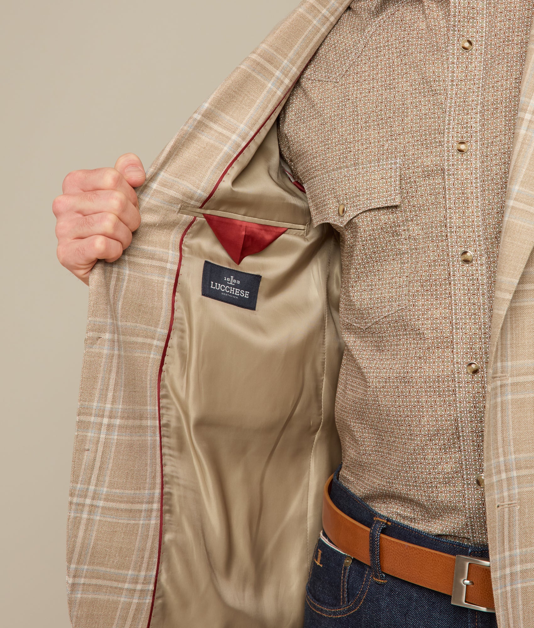 Lucchese Sport Coat :: Beige/Light Blue Plaid - Image 7