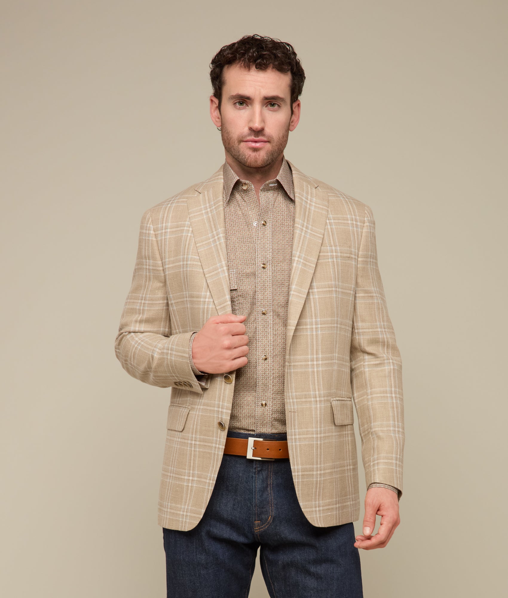 Lucchese Sport Coat :: Beige/Light Blue Plaid - Image 4
