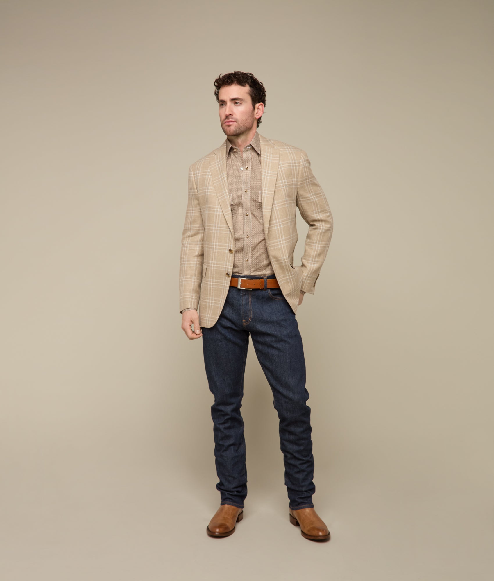 Lucchese Sport Coat :: Beige/Light Blue Plaid - Image 3