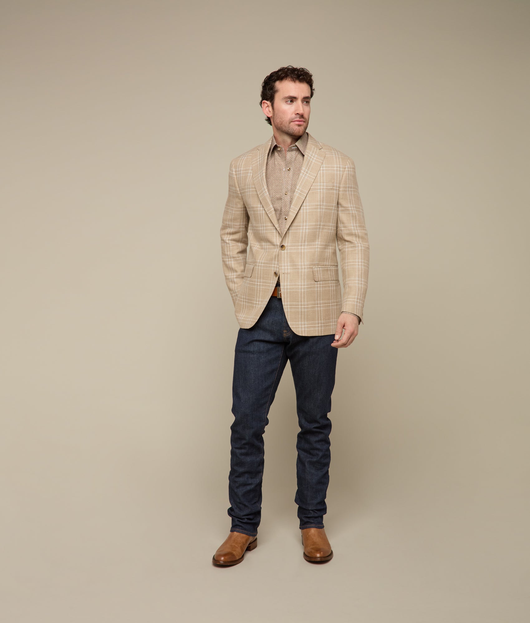 Lucchese Sport Coat :: Beige/Light Blue Plaid - Image 2