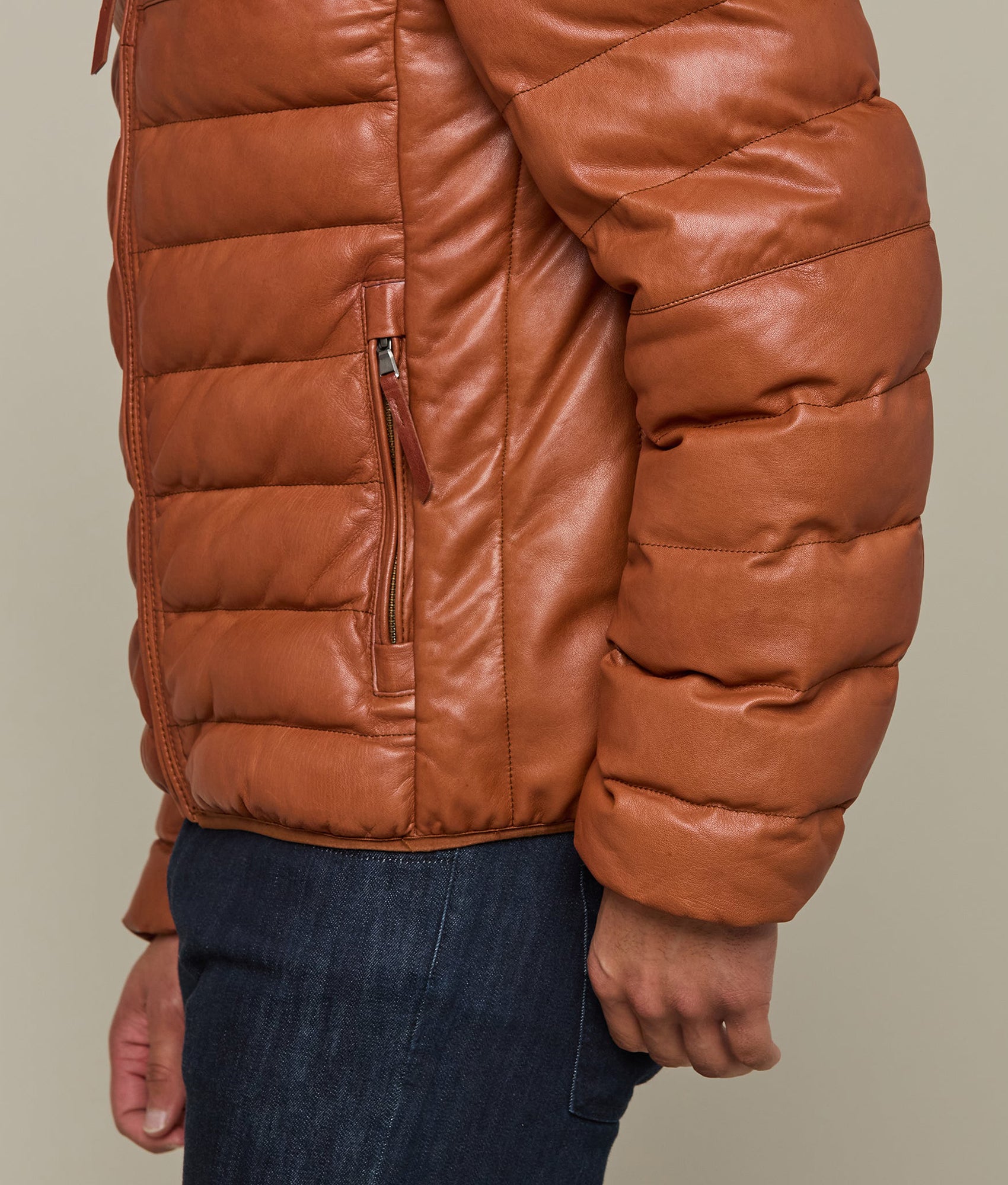 Men's Leather Puffer Jacket :: Cognac - Image 7